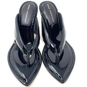 Good American Black Patent Clear Wedge Heeled Thong Sandals Size 7.5